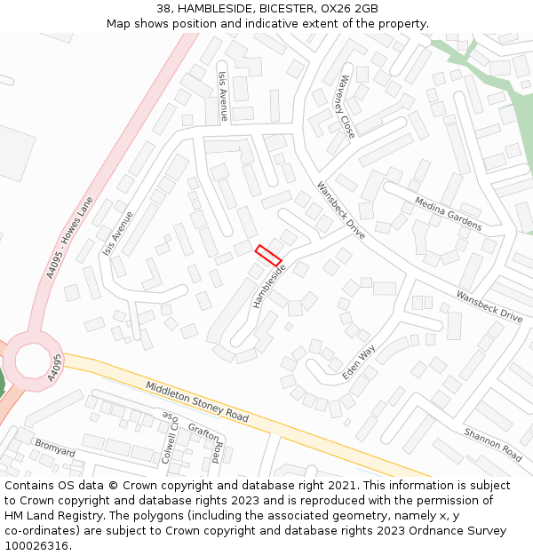 38, HAMBLESIDE, BICESTER, OX26 2GB: Location map and indicative extent of plot