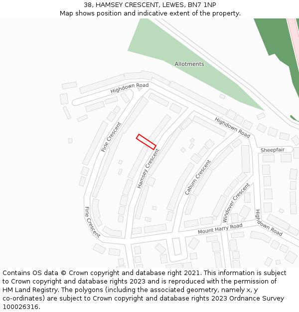 38, HAMSEY CRESCENT, LEWES, BN7 1NP: Location map and indicative extent of plot