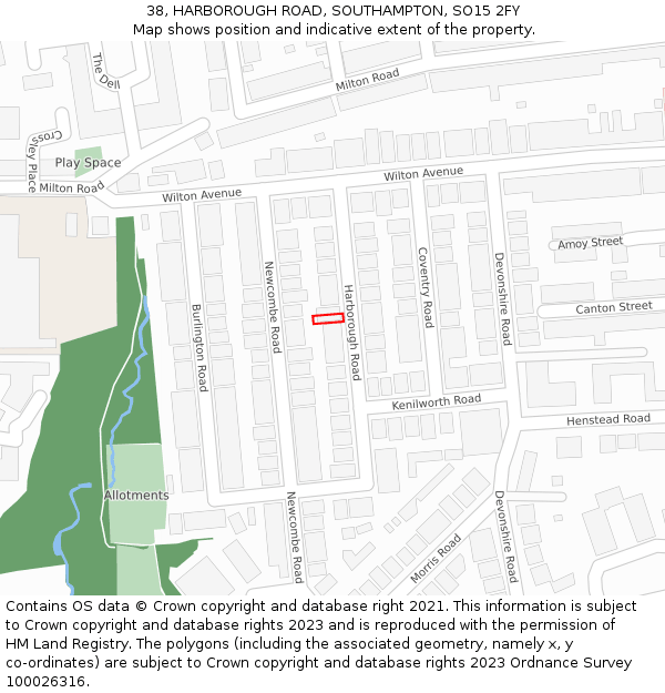 38, HARBOROUGH ROAD, SOUTHAMPTON, SO15 2FY: Location map and indicative extent of plot