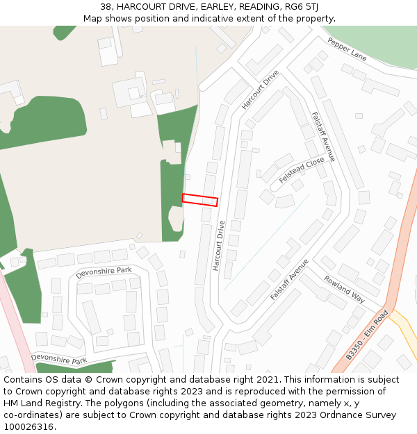 38, HARCOURT DRIVE, EARLEY, READING, RG6 5TJ: Location map and indicative extent of plot