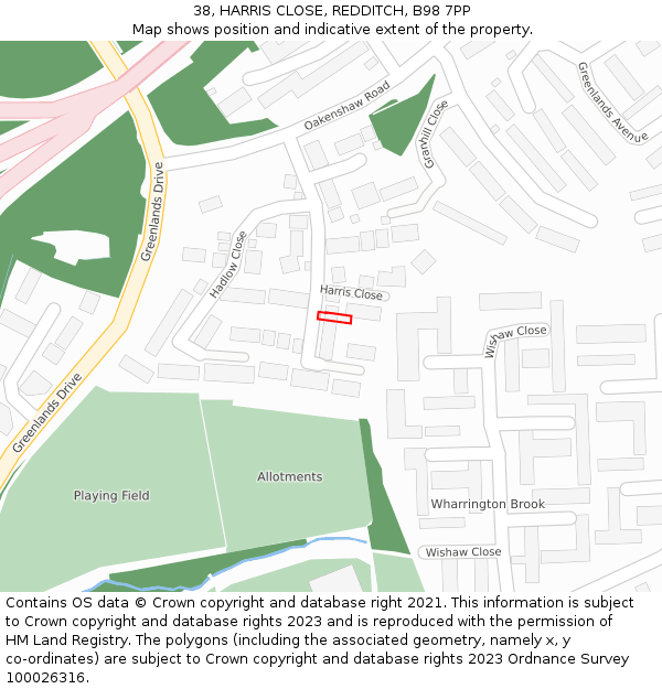 38, HARRIS CLOSE, REDDITCH, B98 7PP: Location map and indicative extent of plot