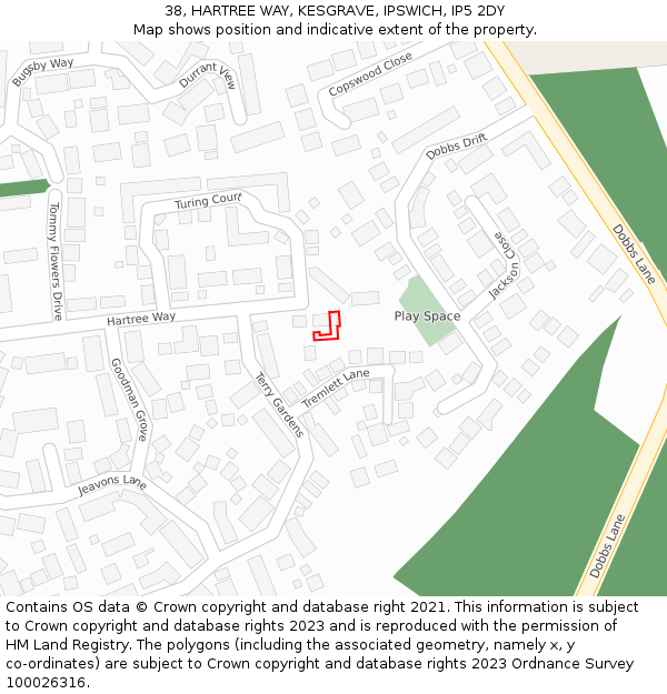 38, HARTREE WAY, KESGRAVE, IPSWICH, IP5 2DY: Location map and indicative extent of plot
