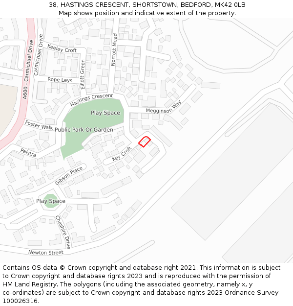 38, HASTINGS CRESCENT, SHORTSTOWN, BEDFORD, MK42 0LB: Location map and indicative extent of plot