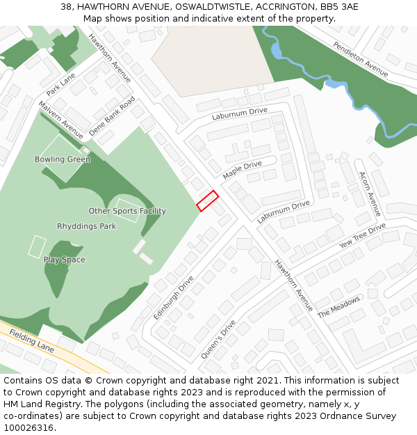 38, HAWTHORN AVENUE, OSWALDTWISTLE, ACCRINGTON, BB5 3AE: Location map and indicative extent of plot