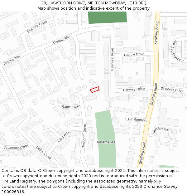 38, HAWTHORN DRIVE, MELTON MOWBRAY, LE13 0PQ: Location map and indicative extent of plot