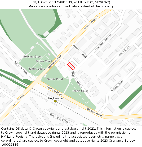 38, HAWTHORN GARDENS, WHITLEY BAY, NE26 3PQ: Location map and indicative extent of plot