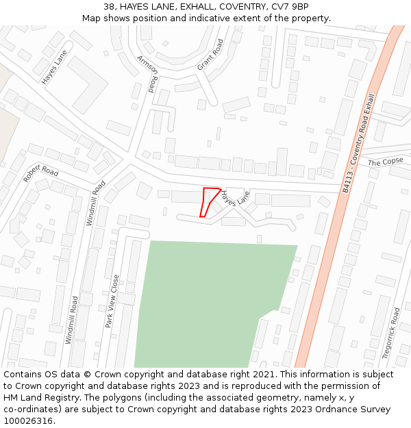 38, HAYES LANE, EXHALL, COVENTRY, CV7 9BP: Location map and indicative extent of plot