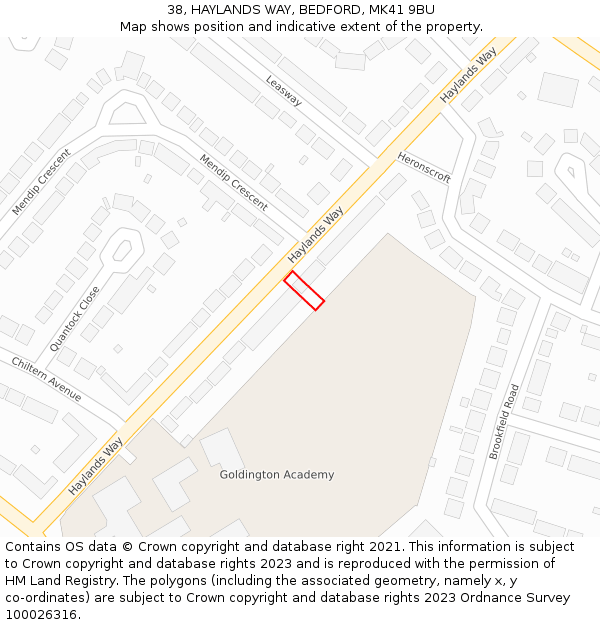 38, HAYLANDS WAY, BEDFORD, MK41 9BU: Location map and indicative extent of plot