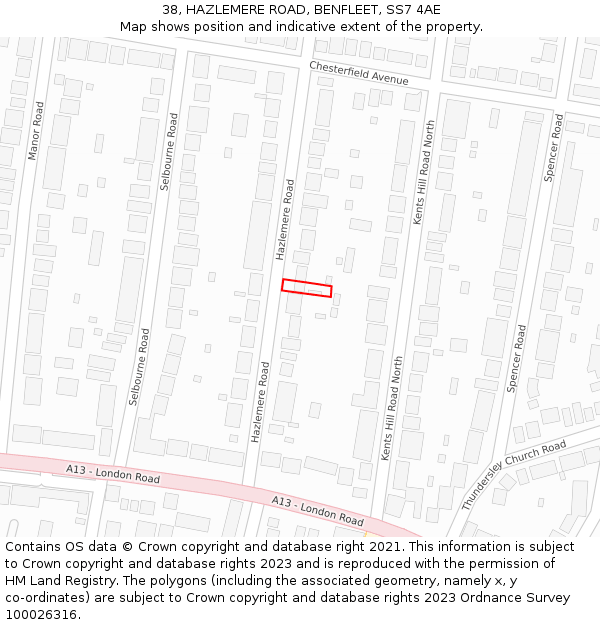 38, HAZLEMERE ROAD, BENFLEET, SS7 4AE: Location map and indicative extent of plot