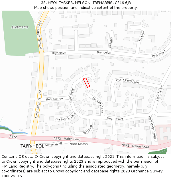 38, HEOL TASKER, NELSON, TREHARRIS, CF46 6JB: Location map and indicative extent of plot