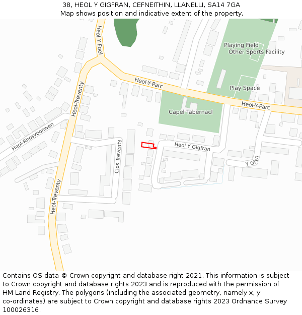 38, HEOL Y GIGFRAN, CEFNEITHIN, LLANELLI, SA14 7GA: Location map and indicative extent of plot