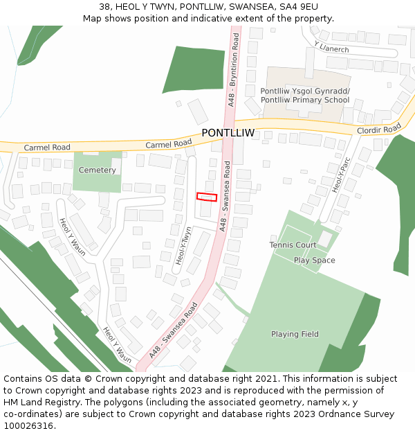 38, HEOL Y TWYN, PONTLLIW, SWANSEA, SA4 9EU: Location map and indicative extent of plot