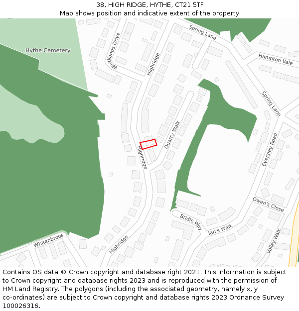 38, HIGH RIDGE, HYTHE, CT21 5TF: Location map and indicative extent of plot