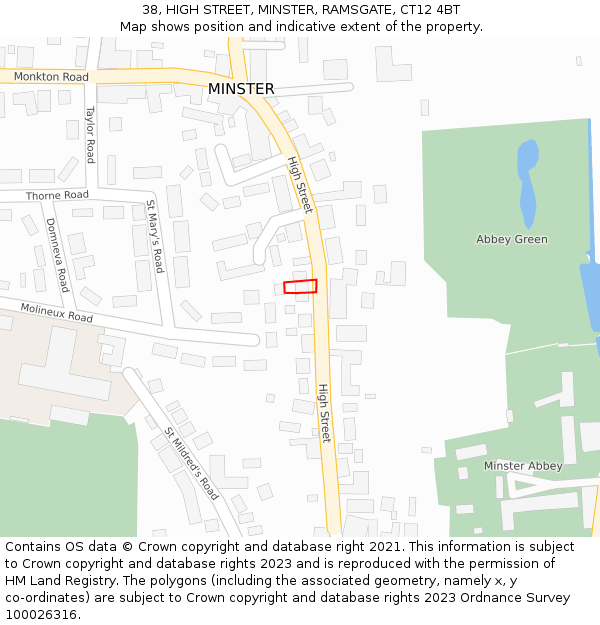 38, HIGH STREET, MINSTER, RAMSGATE, CT12 4BT: Location map and indicative extent of plot