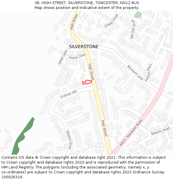 38, HIGH STREET, SILVERSTONE, TOWCESTER, NN12 8US: Location map and indicative extent of plot