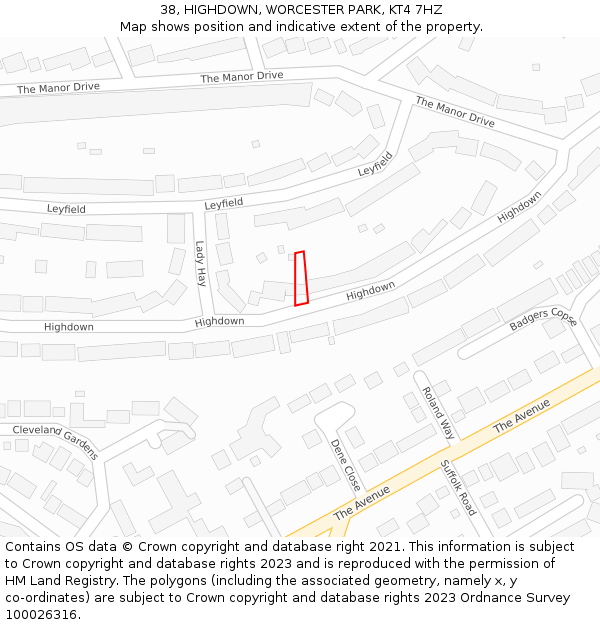 38, HIGHDOWN, WORCESTER PARK, KT4 7HZ: Location map and indicative extent of plot