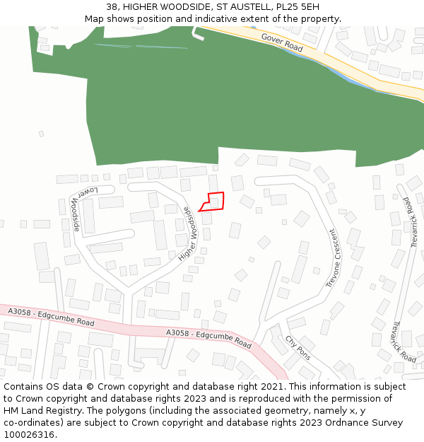 38, HIGHER WOODSIDE, ST AUSTELL, PL25 5EH: Location map and indicative extent of plot