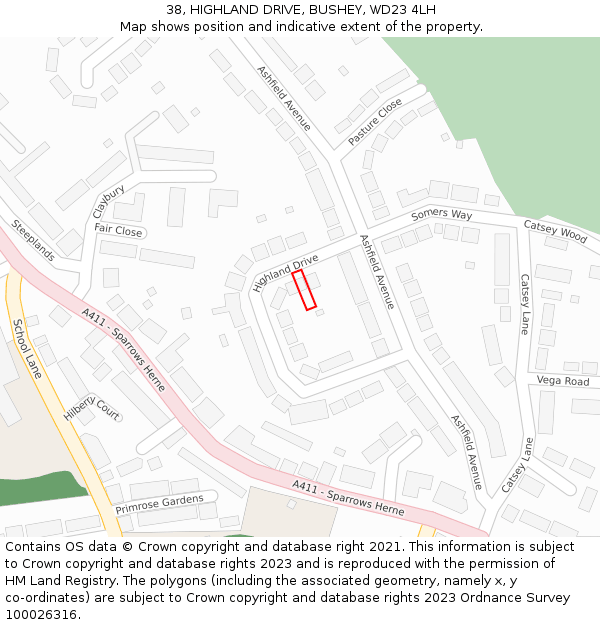 38, HIGHLAND DRIVE, BUSHEY, WD23 4LH: Location map and indicative extent of plot