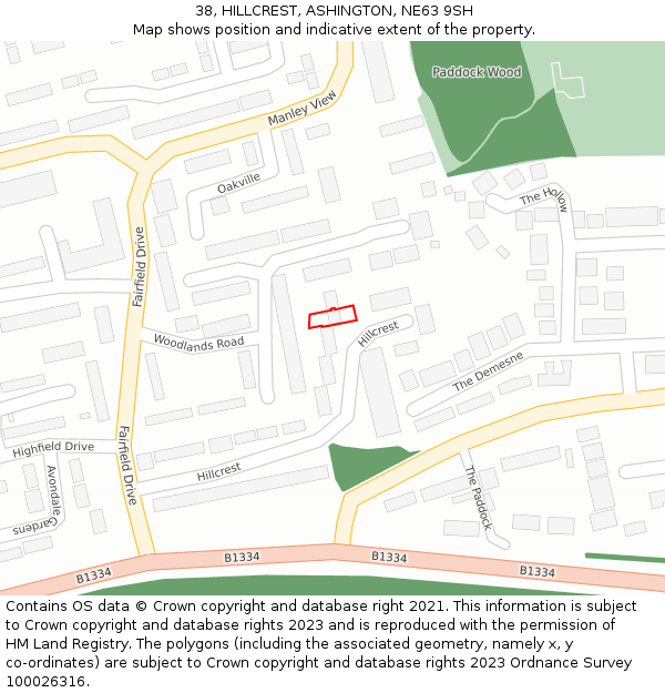 38, HILLCREST, ASHINGTON, NE63 9SH: Location map and indicative extent of plot