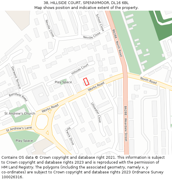 38, HILLSIDE COURT, SPENNYMOOR, DL16 6BL: Location map and indicative extent of plot