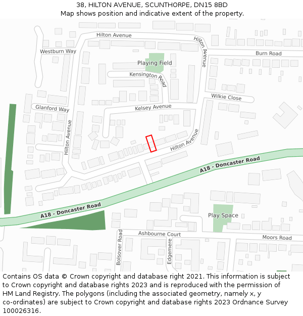 38, HILTON AVENUE, SCUNTHORPE, DN15 8BD: Location map and indicative extent of plot