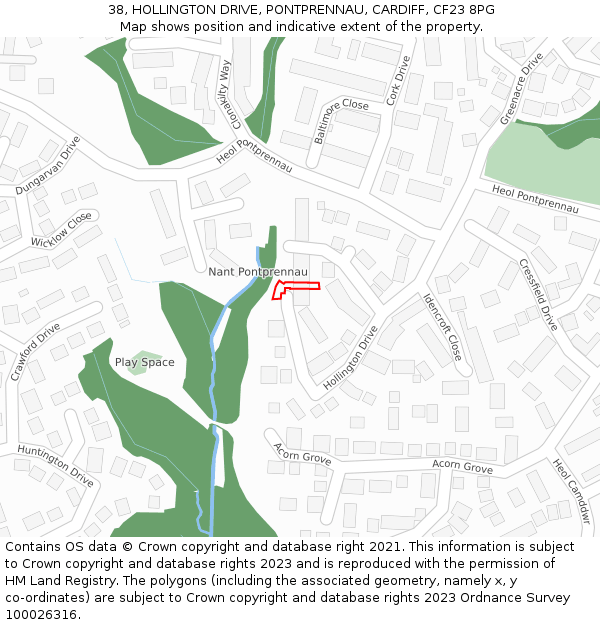 38, HOLLINGTON DRIVE, PONTPRENNAU, CARDIFF, CF23 8PG: Location map and indicative extent of plot