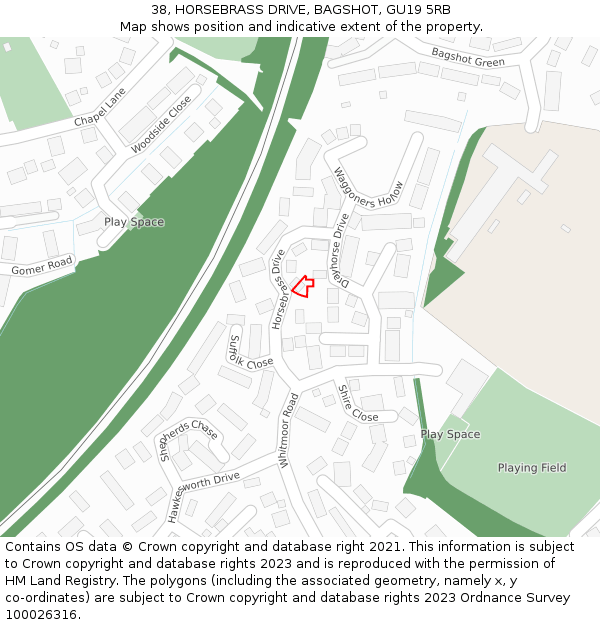 38, HORSEBRASS DRIVE, BAGSHOT, GU19 5RB: Location map and indicative extent of plot