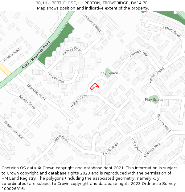 38, HULBERT CLOSE, HILPERTON, TROWBRIDGE, BA14 7FL: Location map and indicative extent of plot
