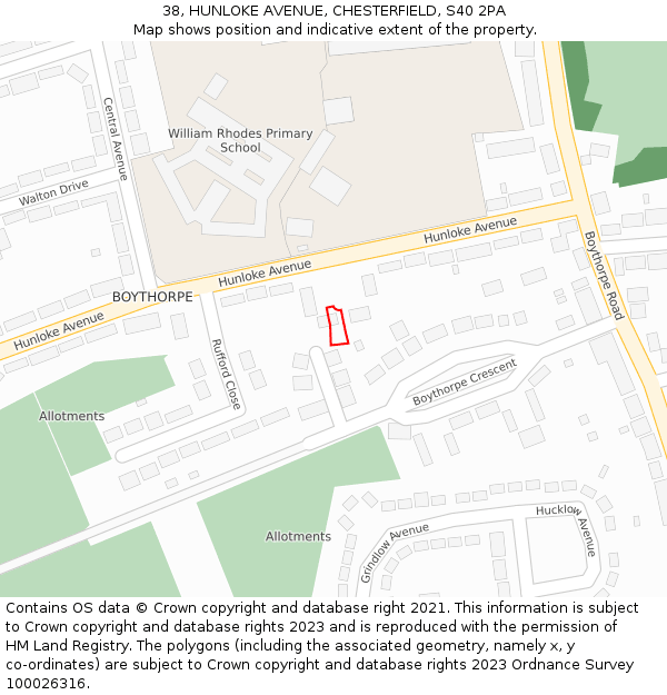 38, HUNLOKE AVENUE, CHESTERFIELD, S40 2PA: Location map and indicative extent of plot