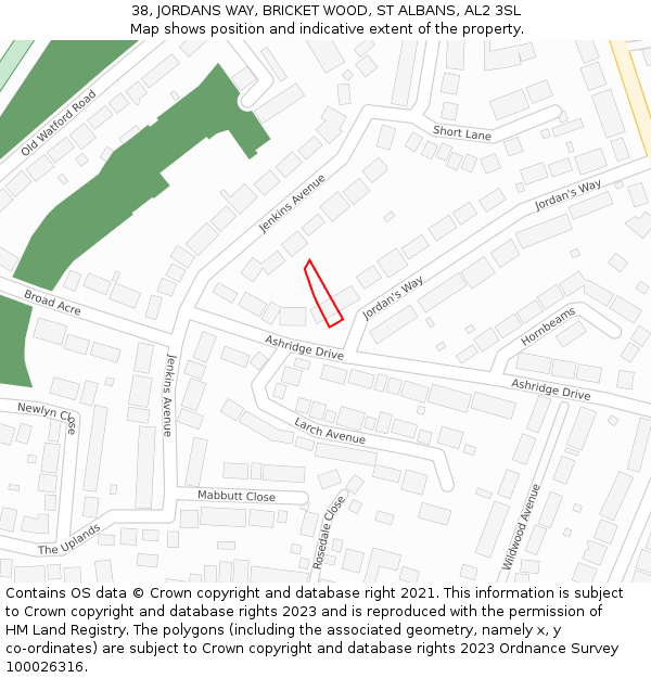 38, JORDANS WAY, BRICKET WOOD, ST ALBANS, AL2 3SL: Location map and indicative extent of plot