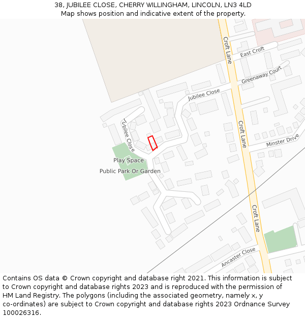38, JUBILEE CLOSE, CHERRY WILLINGHAM, LINCOLN, LN3 4LD: Location map and indicative extent of plot