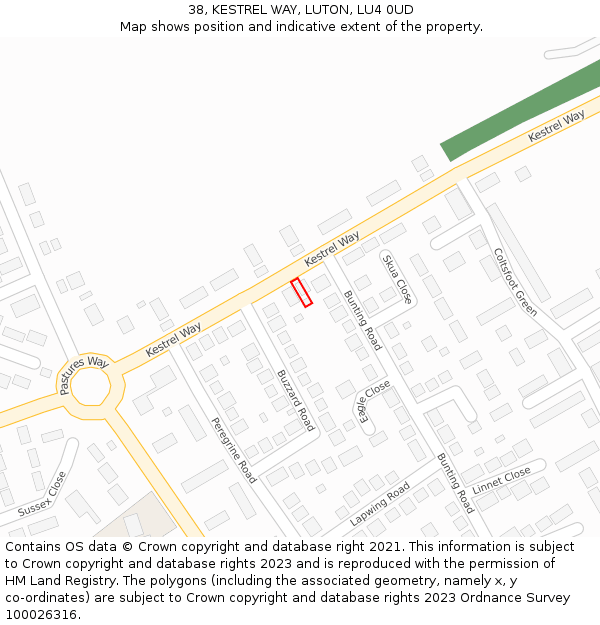 38, KESTREL WAY, LUTON, LU4 0UD: Location map and indicative extent of plot