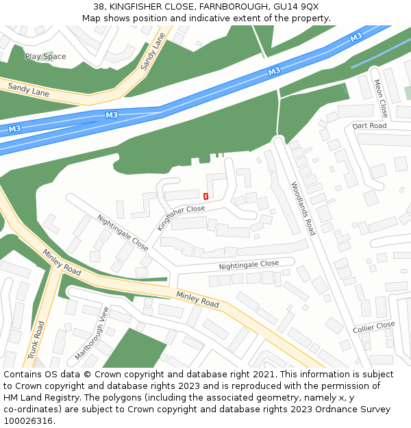 38, KINGFISHER CLOSE, FARNBOROUGH, GU14 9QX: Location map and indicative extent of plot