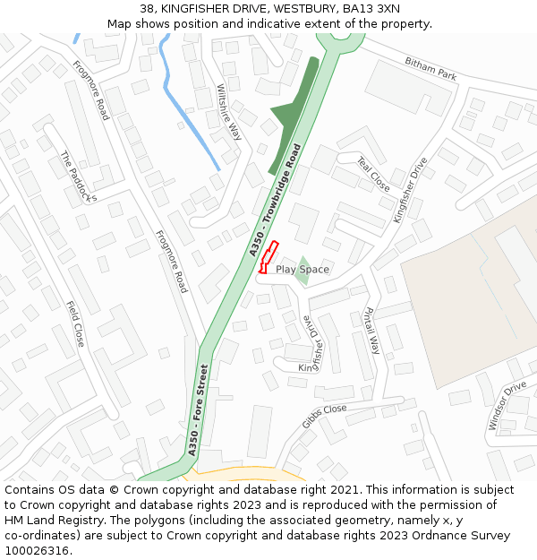 38, KINGFISHER DRIVE, WESTBURY, BA13 3XN: Location map and indicative extent of plot