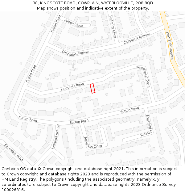 38, KINGSCOTE ROAD, COWPLAIN, WATERLOOVILLE, PO8 8QB: Location map and indicative extent of plot
