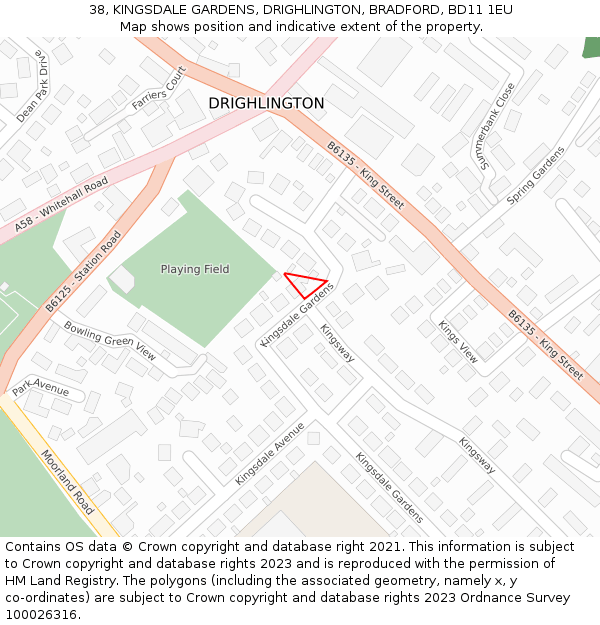 38, KINGSDALE GARDENS, DRIGHLINGTON, BRADFORD, BD11 1EU: Location map and indicative extent of plot