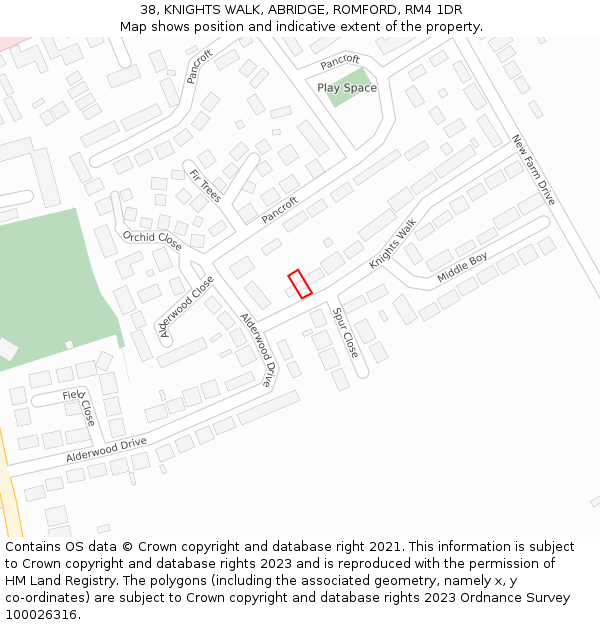 38, KNIGHTS WALK, ABRIDGE, ROMFORD, RM4 1DR: Location map and indicative extent of plot