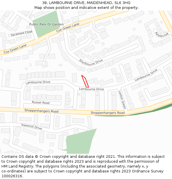 38, LAMBOURNE DRIVE, MAIDENHEAD, SL6 3HG: Location map and indicative extent of plot