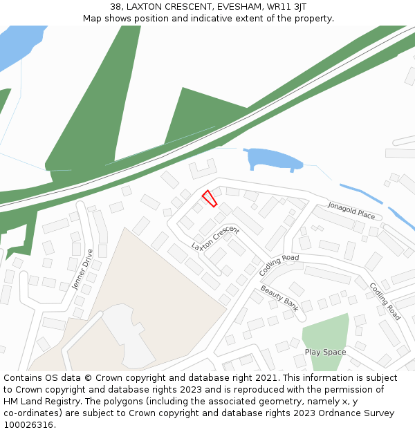 38, LAXTON CRESCENT, EVESHAM, WR11 3JT: Location map and indicative extent of plot