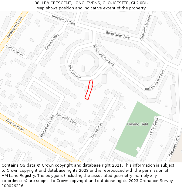38, LEA CRESCENT, LONGLEVENS, GLOUCESTER, GL2 0DU: Location map and indicative extent of plot