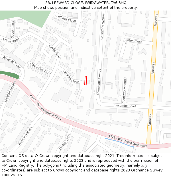 38, LEEWARD CLOSE, BRIDGWATER, TA6 5HQ: Location map and indicative extent of plot