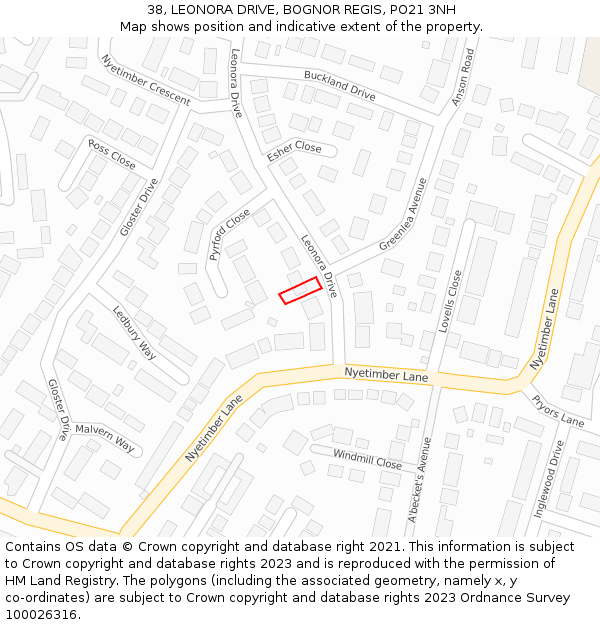 38, LEONORA DRIVE, BOGNOR REGIS, PO21 3NH: Location map and indicative extent of plot