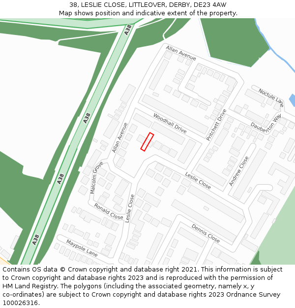 38, LESLIE CLOSE, LITTLEOVER, DERBY, DE23 4AW: Location map and indicative extent of plot