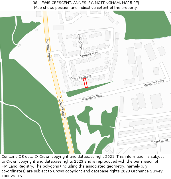 38, LEWIS CRESCENT, ANNESLEY, NOTTINGHAM, NG15 0EJ: Location map and indicative extent of plot