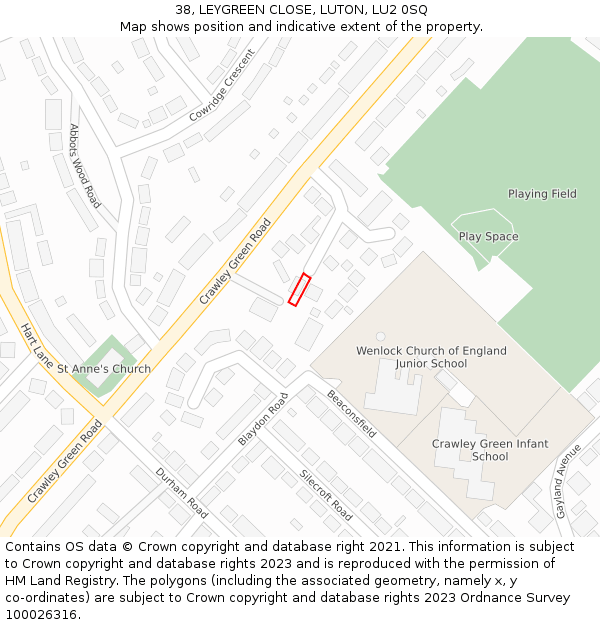 38, LEYGREEN CLOSE, LUTON, LU2 0SQ: Location map and indicative extent of plot