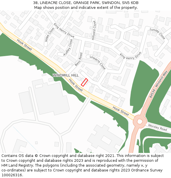 38, LINEACRE CLOSE, GRANGE PARK, SWINDON, SN5 6DB: Location map and indicative extent of plot