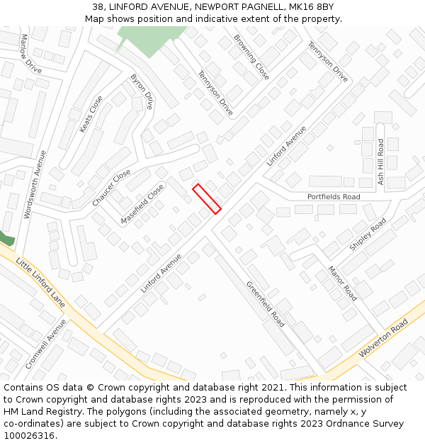 38, LINFORD AVENUE, NEWPORT PAGNELL, MK16 8BY: Location map and indicative extent of plot