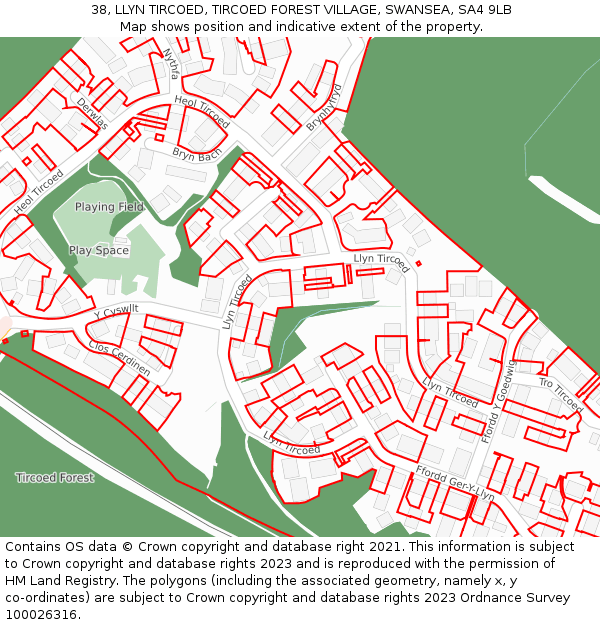 38, LLYN TIRCOED, TIRCOED FOREST VILLAGE, SWANSEA, SA4 9LB: Location map and indicative extent of plot