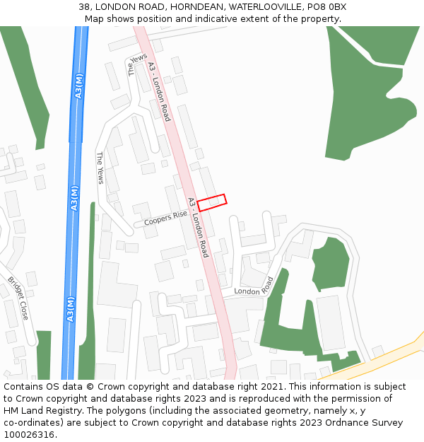 38, LONDON ROAD, HORNDEAN, WATERLOOVILLE, PO8 0BX: Location map and indicative extent of plot