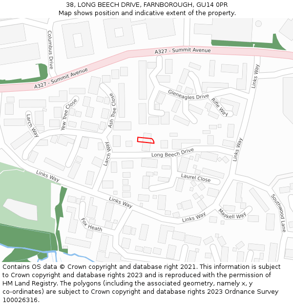 38, LONG BEECH DRIVE, FARNBOROUGH, GU14 0PR: Location map and indicative extent of plot